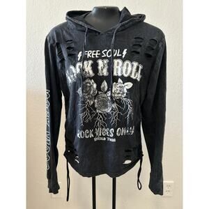 On Fire Free Soul Rock & Roll Hooded Tee Womens Size Large Black